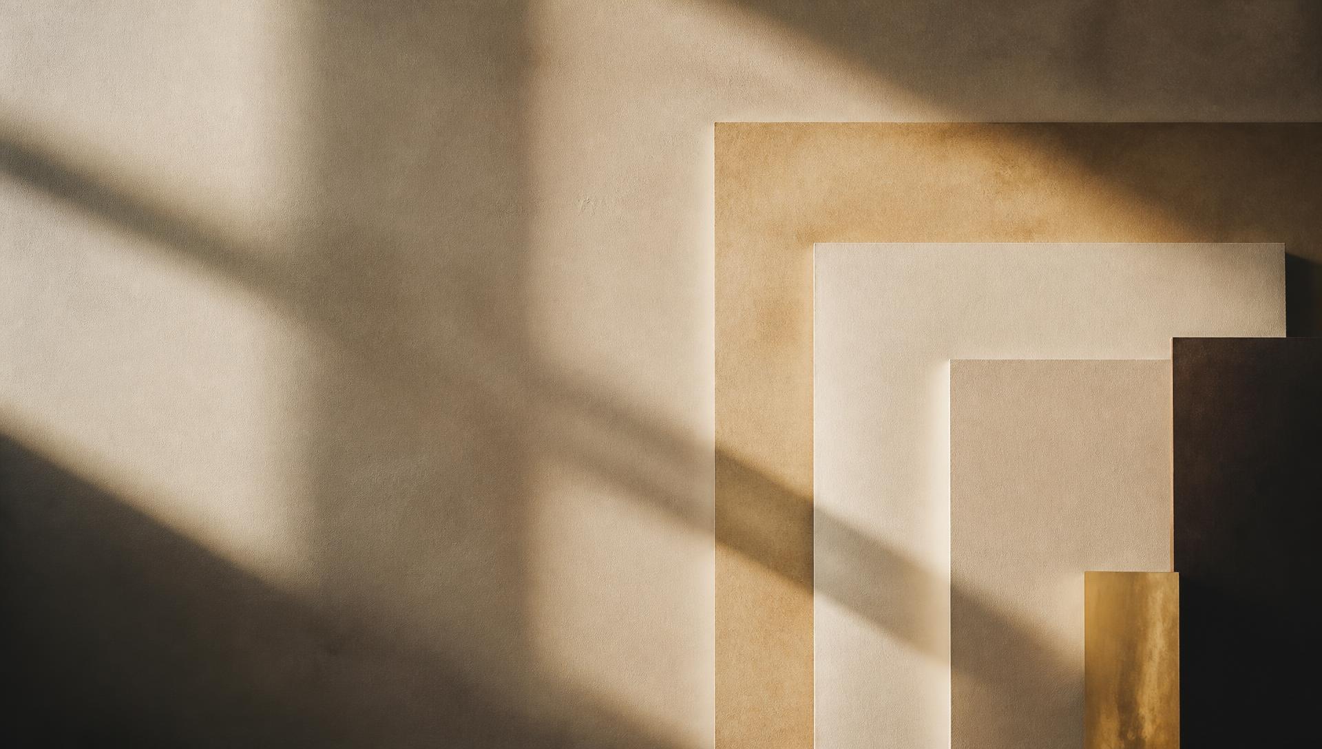 Layered sheets of cream paper against warm plaster, crossed by long window light